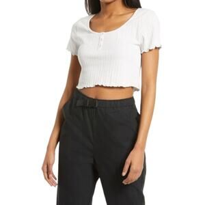 BP Pointelle Rib Crop Henley Grey Fog Size Medium NWOT